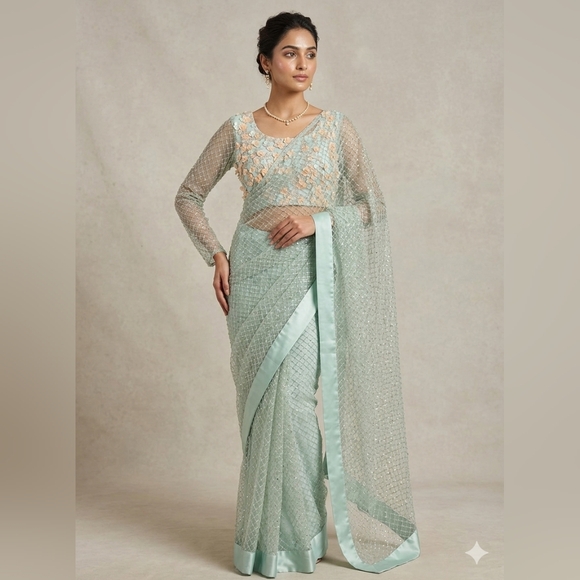 Salwar Kameez Dresses & Skirts - Aqua Blue Embellished Sari - Festive Wear - Indian & Pakistani Wear